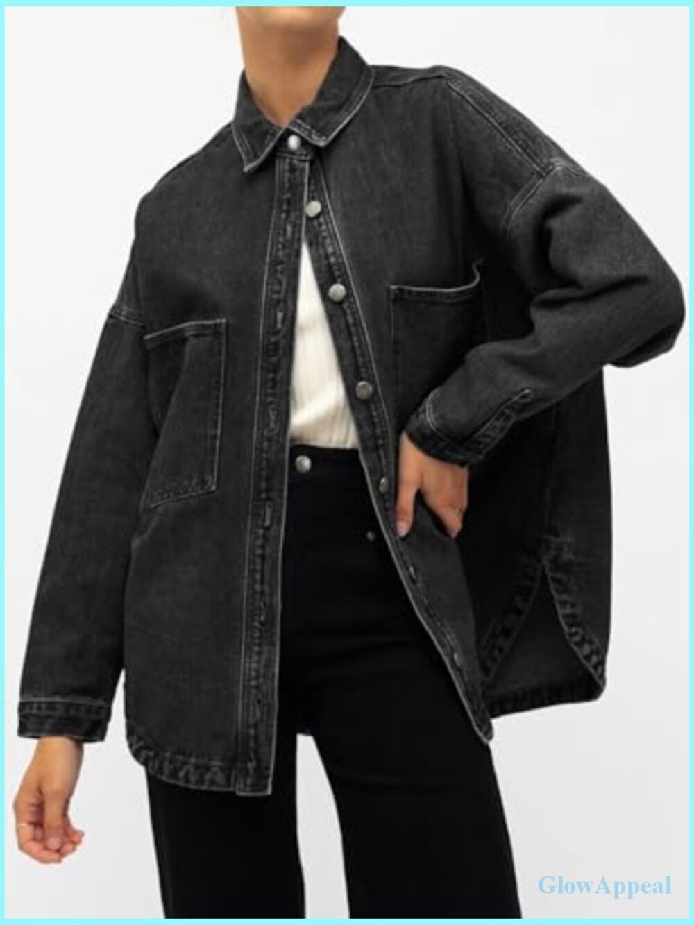 Oversized Denim Shirt Button Down Long Sleeve Blouse Distressed Jean Jacket - Picture 2 of 7